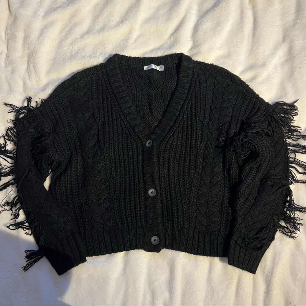 Fringe Arm Cardigan - Cloth by Design/Retrod Black Cable Knit Sweater